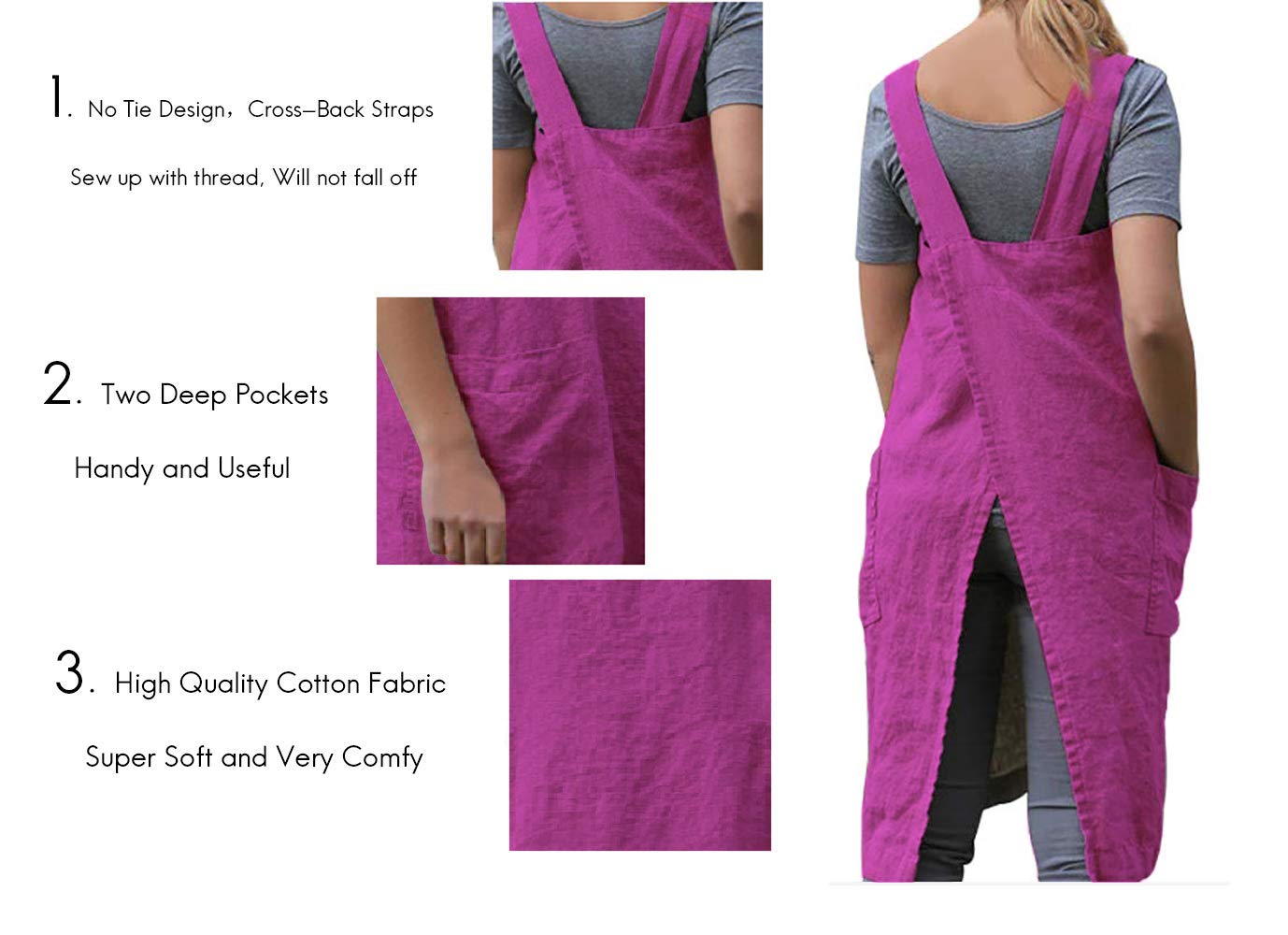 Women'S Pinafore Square Apron Baking Cooking Gardening Works Cross Back Cotton/Linen Blend Dress With 2 Pockets Purple Red-S