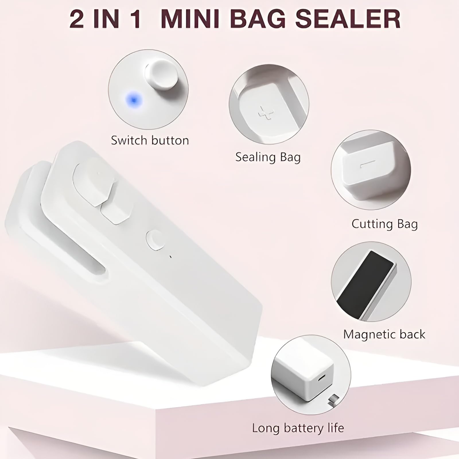 WOSERLD Bag Sealer 2 in 1 Mini Bag Sealer Heat Sealer and Cutter Rechargeable Chip Bag Sealer for Snacks Lithium battery bag res