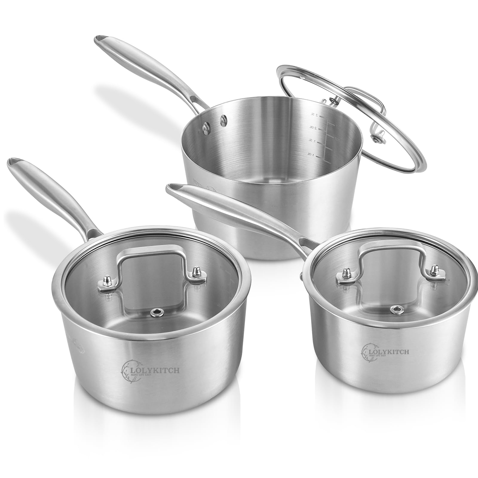 LOLYKITCH 1 & 2 & 3 Quarts Tri-Ply Stainless Steel Saucepan Set of 3,Induction Cooking Pots,Saucepans with Lids,Pots and Pans Se