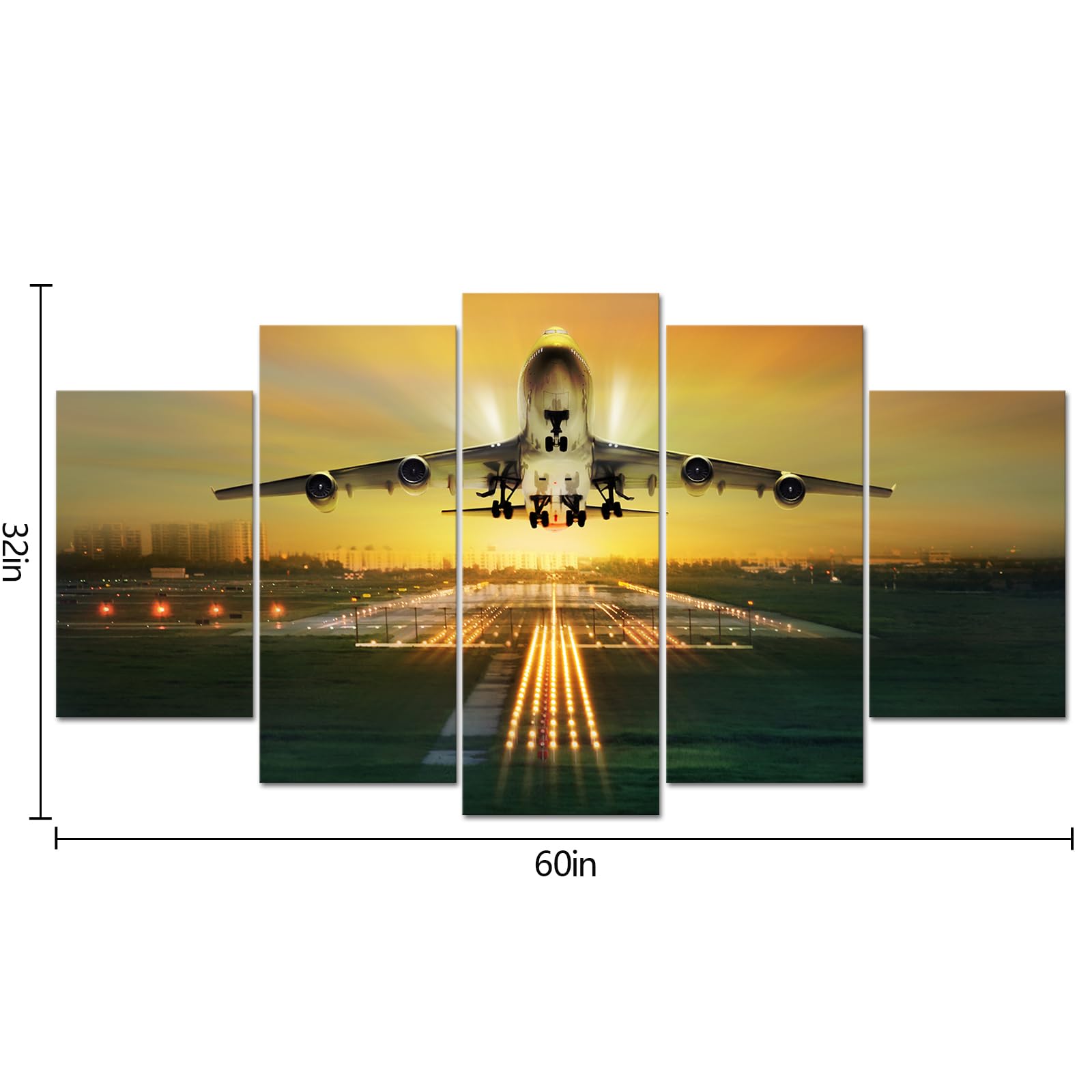 Vvovv Wall Decor 5 Piece Canvas Wall Art Airplane Wall Art Beautiful Airport Night Landscape Airplane Decor Picture,Framed Ready