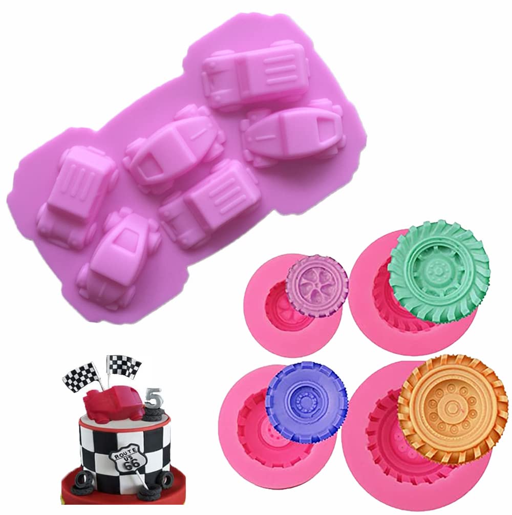 Set Of 5 Different Tire Wheel Carton Car Shape Boy Toy Silicone Molds For Diy Fondant Candy Making Chocolate Mold Desserts Ice C