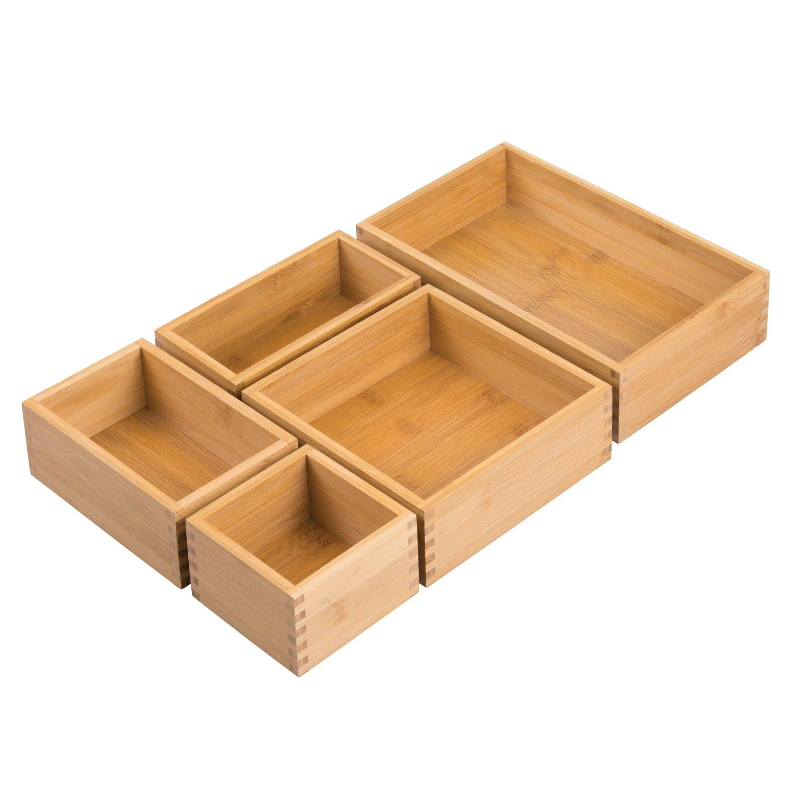mDesign Bamboo Wood Kitchen Cabinet Drawer Organizer Tray Bins - Multipurpose - Use in Drawers  on Countertops  Shelves or in Pantry - Varied Sizes - Echo Collection - Set of 5 - Natural