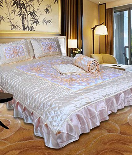 Manavrachit Satin Gold Printed Wedding Bedding Set For Home & Living Room, 310 Tc, King Size, White - Set Of 4 Pieces