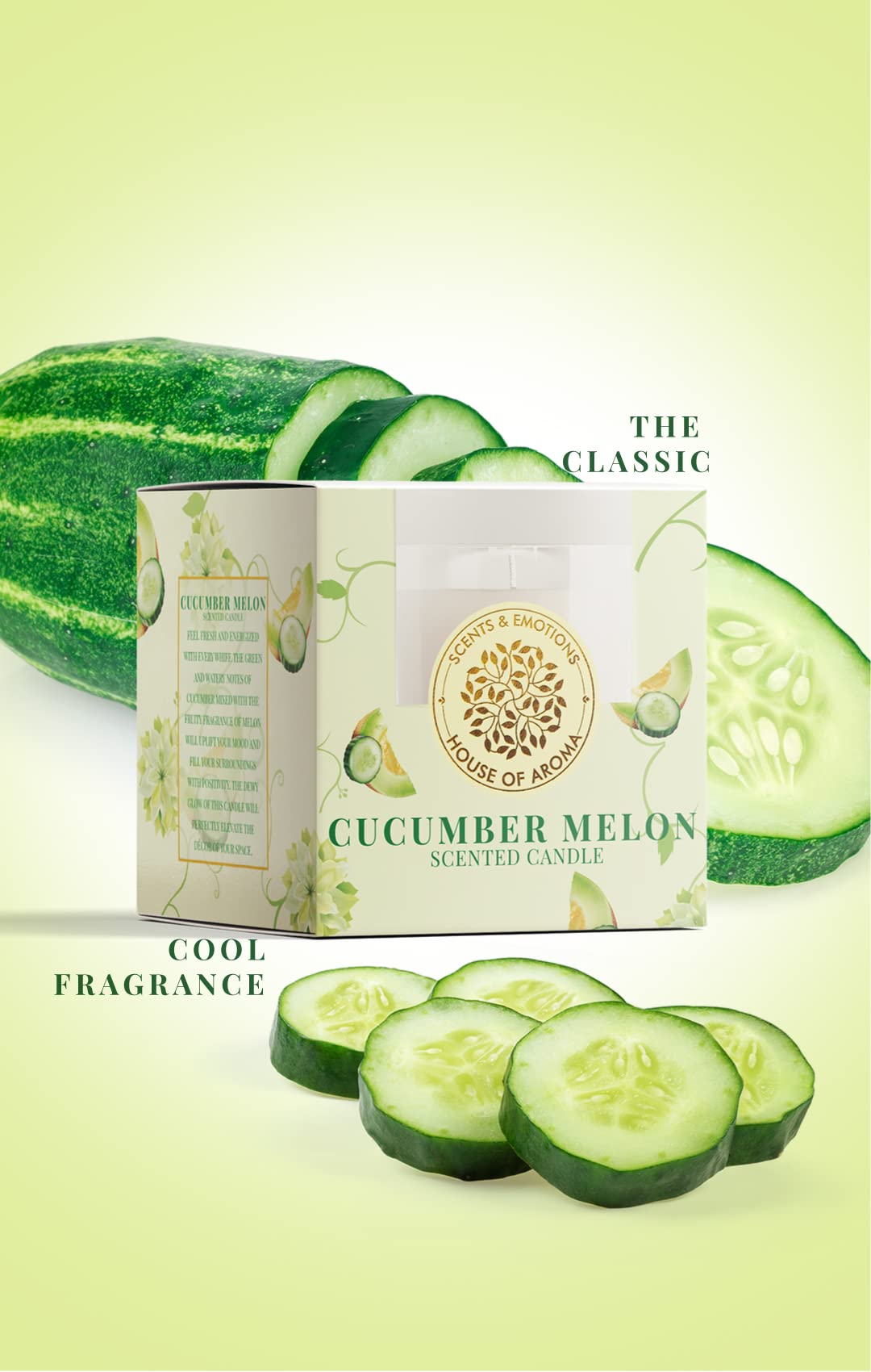 House of Aroma Cucumber Melon Scented Glass Candle Made of Beeswax, Paraffin Wax & Aromatic Oils, Burns Up to 10-12 Hours| Fragr
