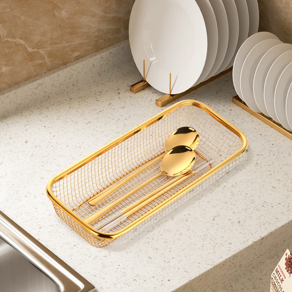 Kitchen Drawer Organizer, Buygo Stainless Steel Storage Container Gold Metal Cabinet Storage Basket For Holding Silverware Kitch