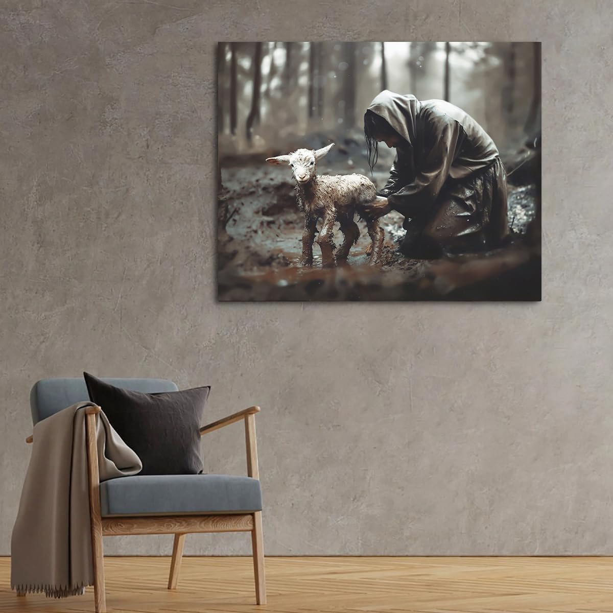 Jesus And Lamb Canvas Wall Art Jesus Rescues Lost Lamb Picture Wall Art Canvas Print Christian Home Decor 24X30 Inch