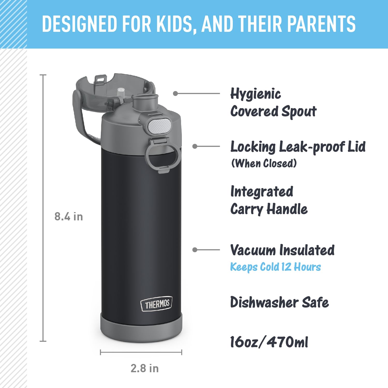 Thermos Funtainer 16 Ounce Stainless Steel Vacuum Insulated Bottle With Wide Spout Lid, Matte Charcoal