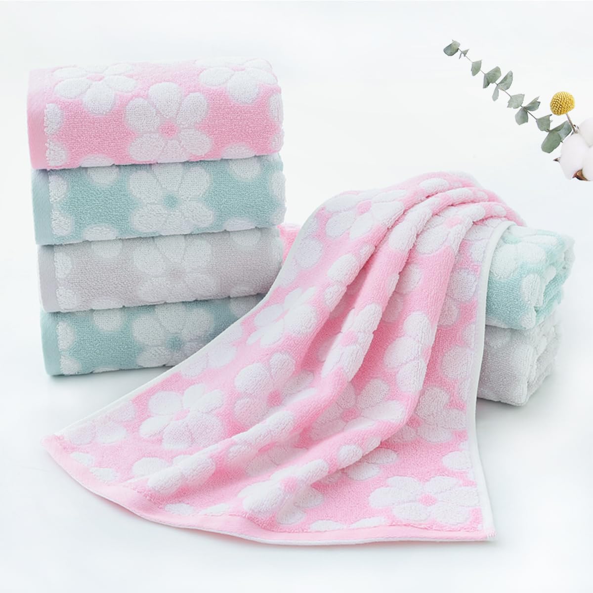 Pidada Hand Towels Set Of 2 Floral Pattern 100% Cotton Soft Absorbent Decorative Towel For Bathroom (Green)