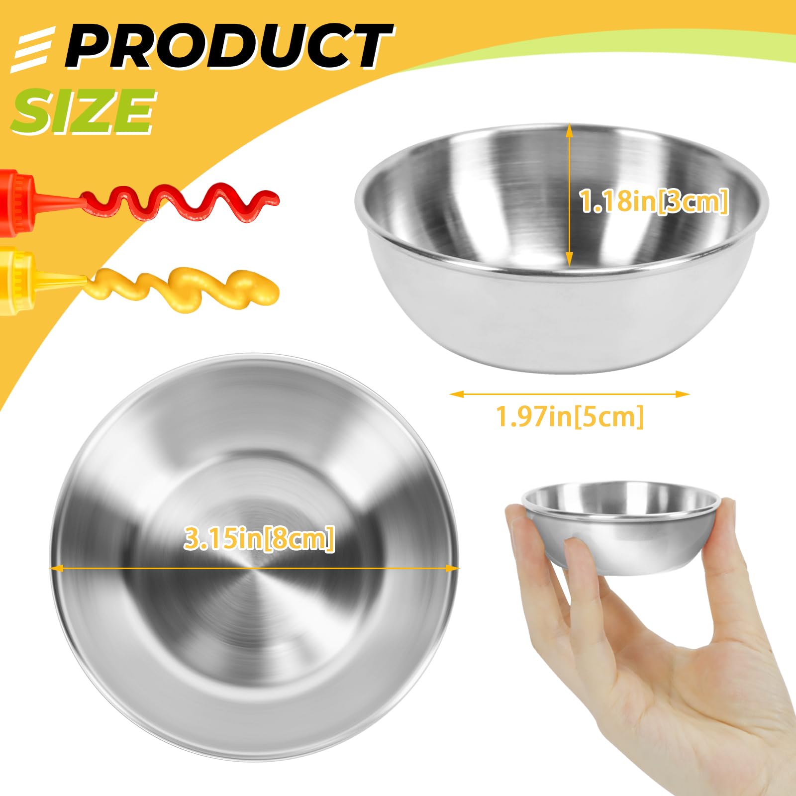 Billioteam 6 Pcs Stainless Steel Sauce Dishes, Round Seasoning Bowls, Mini Appetizer Plates, Sushi Dipping Bowl Mixing Saucers (