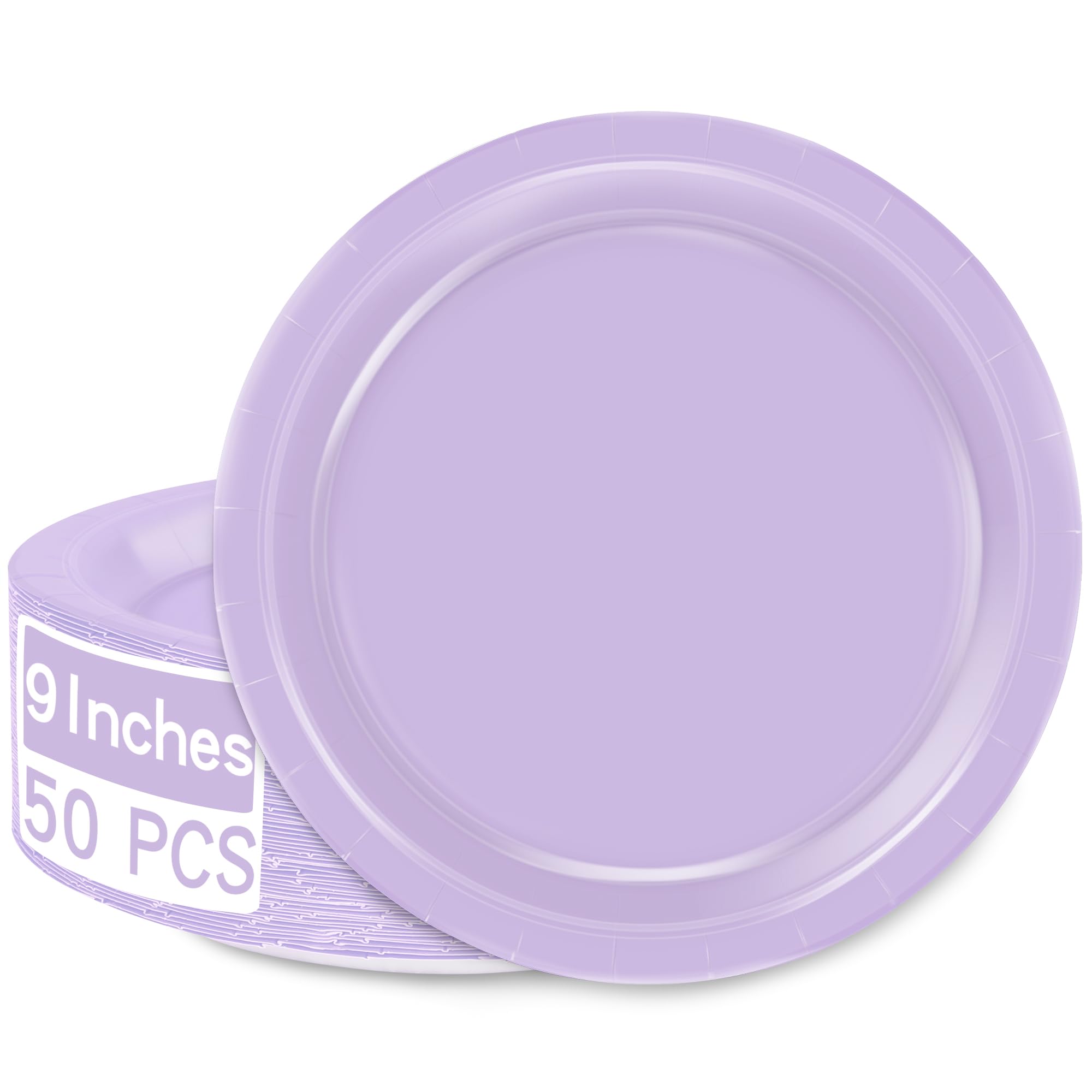 QZYL 50 Round Lavender Party Plates - Disposable 9 Inch Paper Plates for Daily Meals, Picnics, Camping, Birthdays, Weddings, Chr