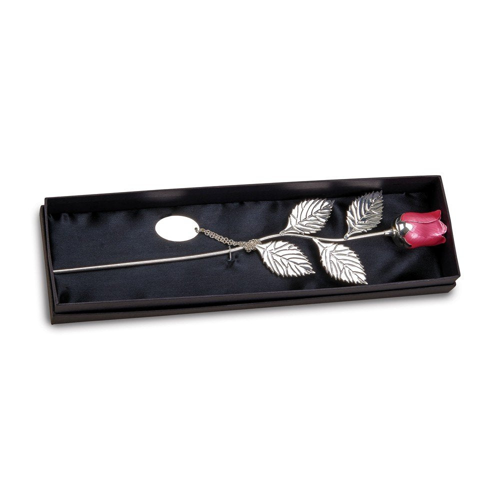 Creative Gifts International Silver-Plate Red Epoxy Eternity Rose, Embellished With Four Leaves And Silver Engraving Tag, 12.75'