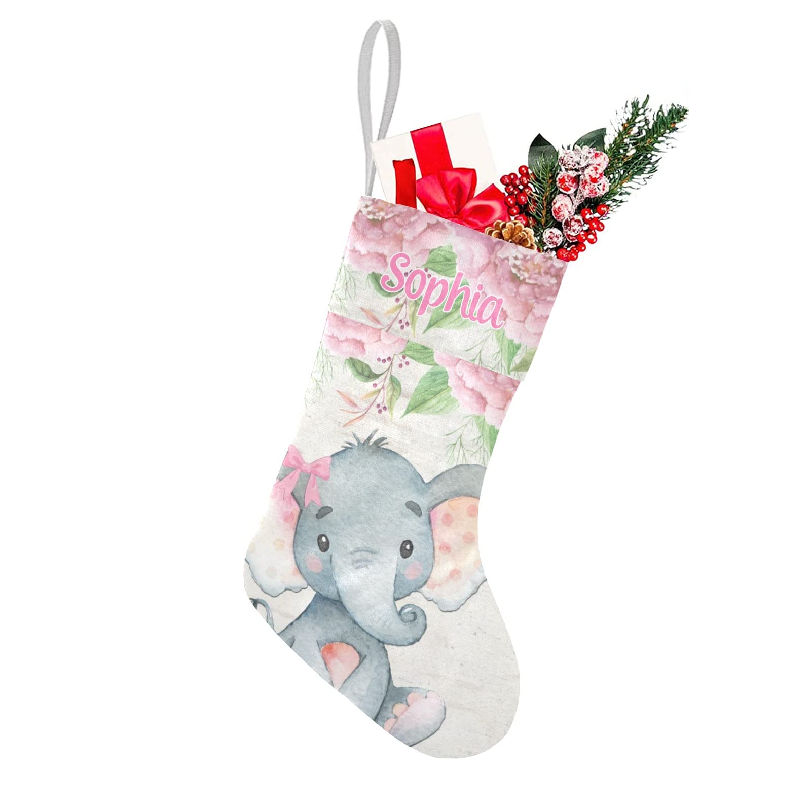 Personalized Christmas Stocking Pink Floral Elephant Santa Socks with Name Custom for Xmas Party Decoration Gift for Family Frie
