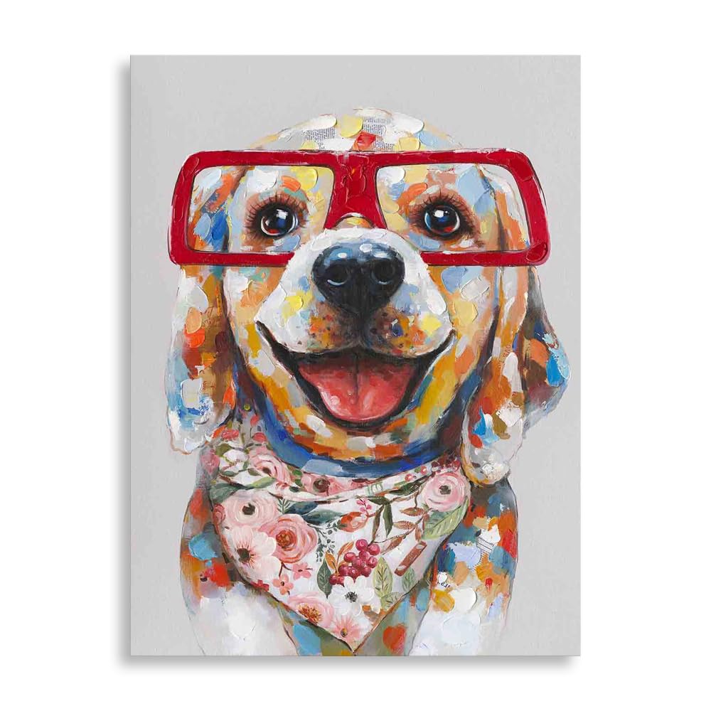Colorful Labrador Canvas Wall Art - 24X32 Inch Ready-To-Hang Dog Poster Print - Happy Dog With Red Glasses And Floral Bandana -