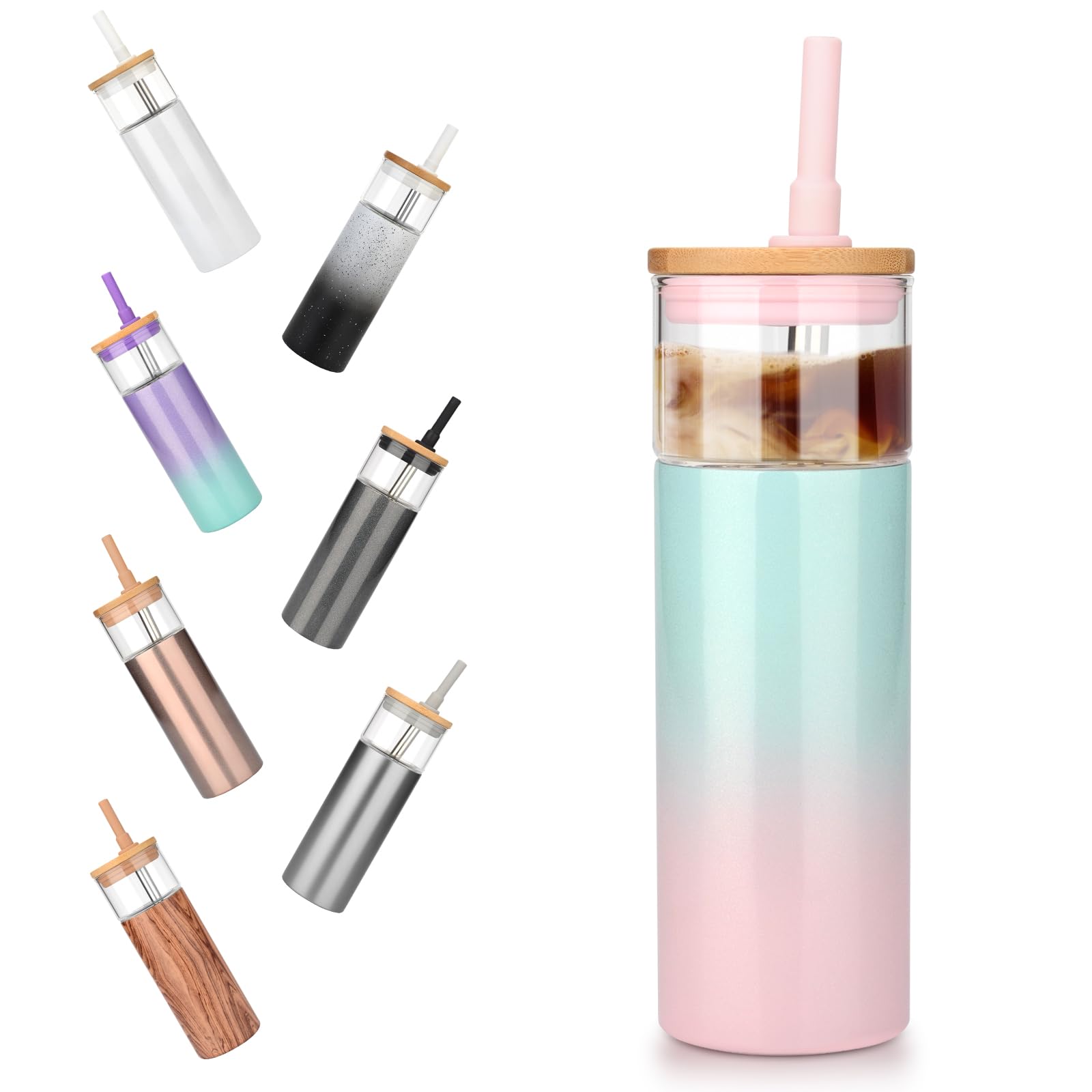 Tronco 20 Oz Double Walled Insulated Glass Tumbler With Straw And Lid, Vacuum Stainless Steel Outer, Reusable Insulated Iced Cof