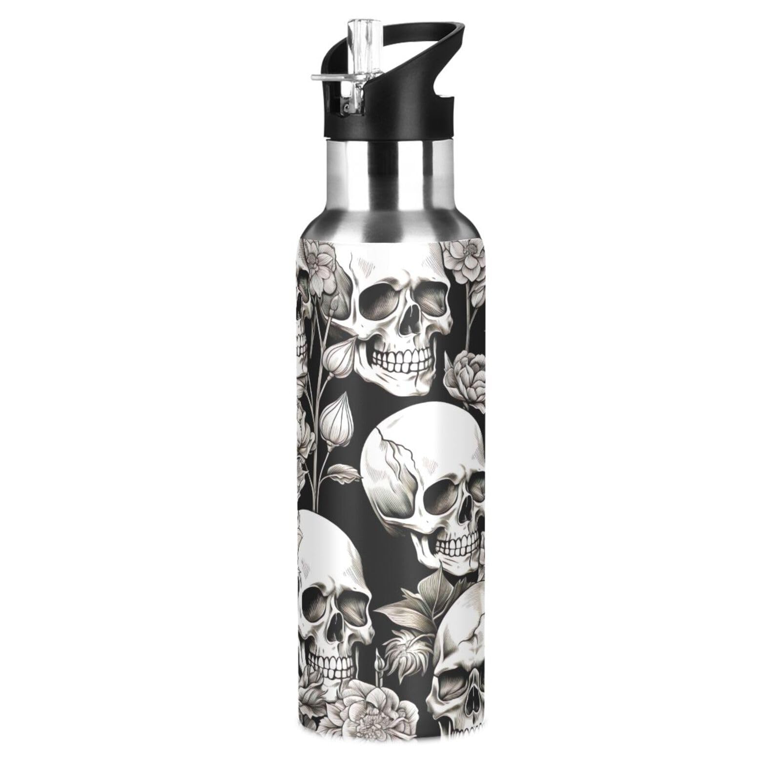Wellday Water Bottle White Skull Double Wall Vacuum Insulated Flask Stainless Steel With Straw Lid 20Oz