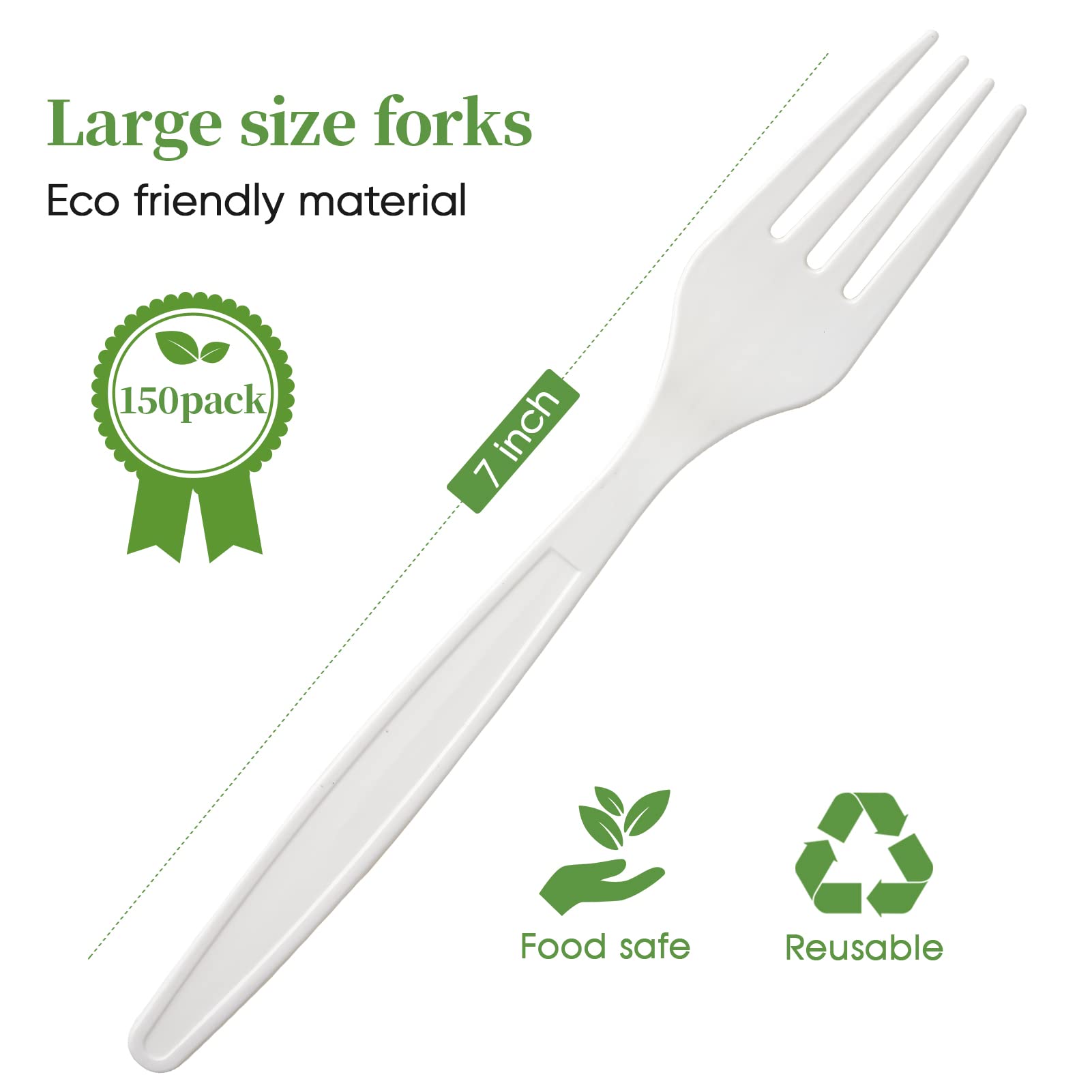 Ecolipak 100% Compostable Forks 150 Pack, 7'' Large Size Biodegradable Disposable Cutlery Forks, Heavy Duty Bio Based Cpla Utens
