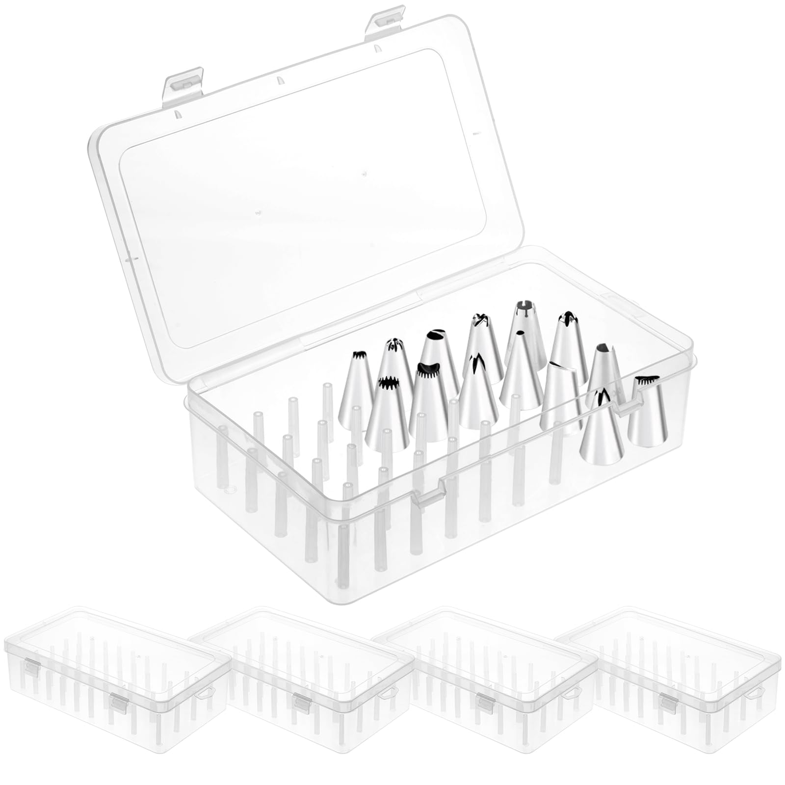 4 Pcs Piping Tips Storage Box with Fixed Pins 42 Pegs Piping Tip Organizer Baking Cake Decoration Tool Set Clear Plastic Cake De