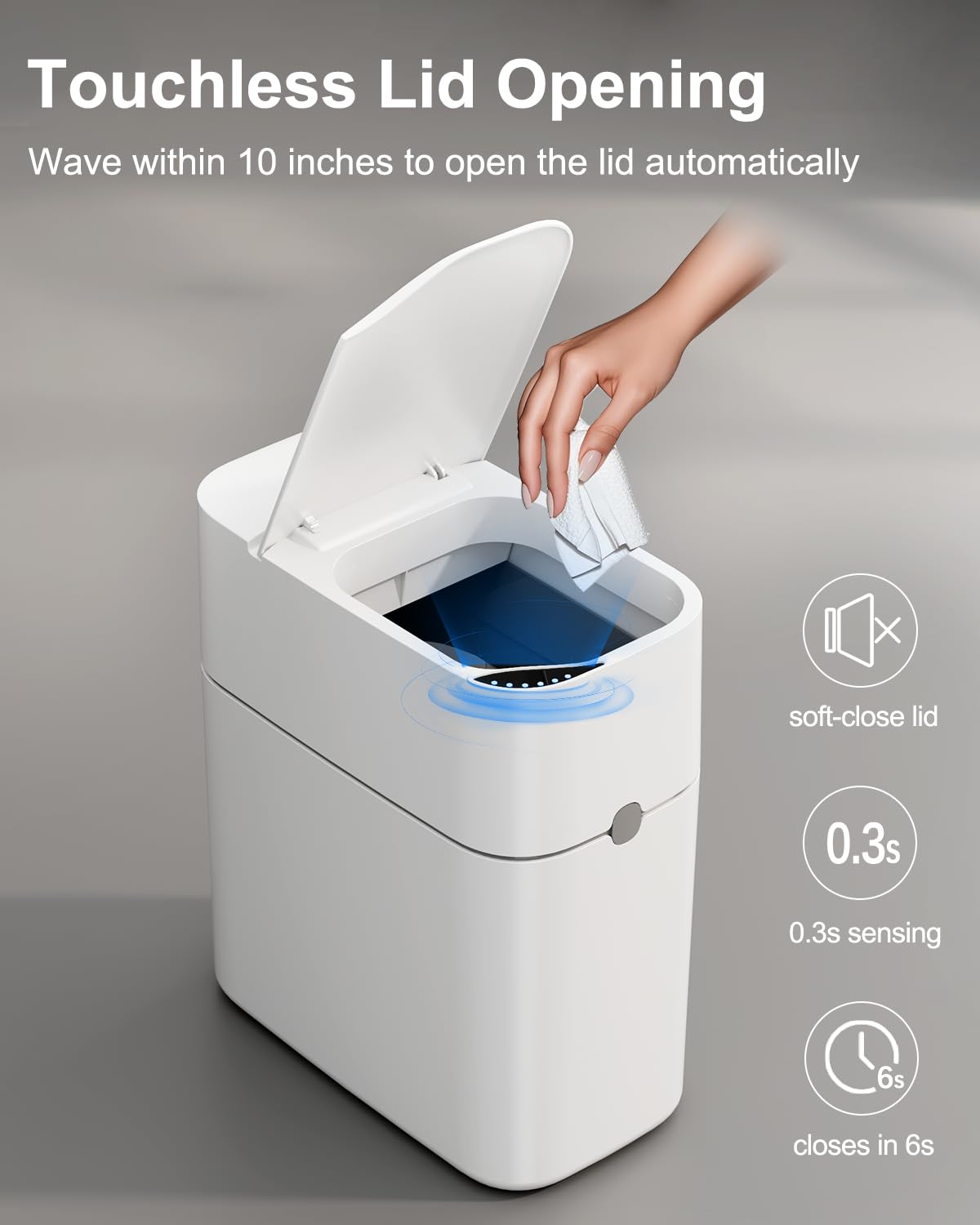 Ctime 2Nd Gen Motion Sensor Bathroom Trash Can - Smart Small Trash Can With Lid And Automatic Bag Expanding, 3 Gallon, 6 Inch Sl