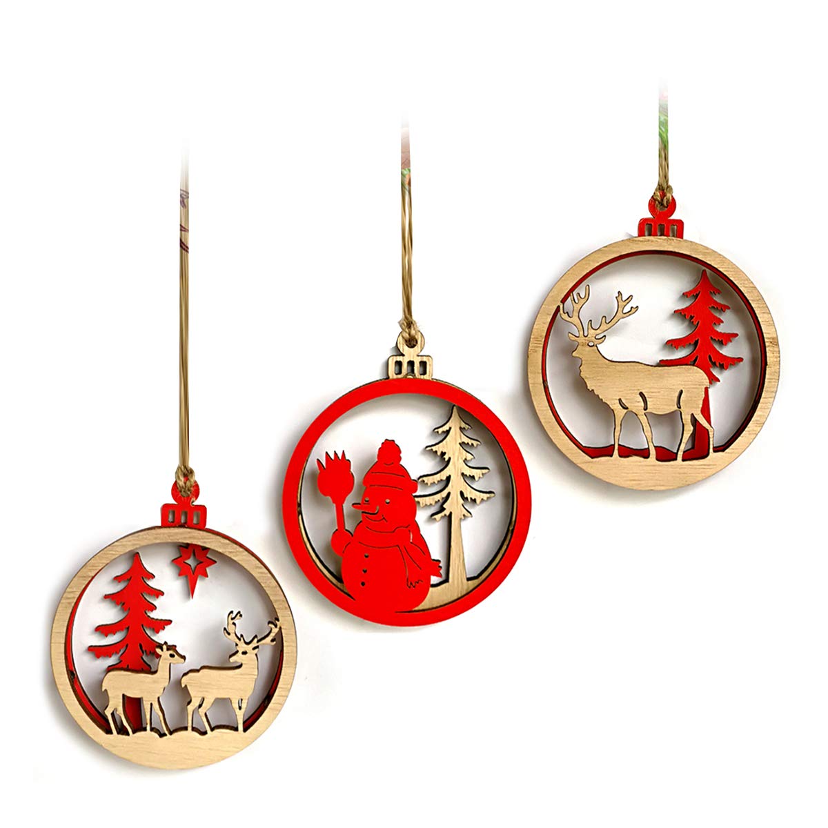 BESTOYARD 3pcs Wooden Christmas Tree Decoration Ornaments Hanging 3D Christmas Snowman Reindeer Shapes Cutout