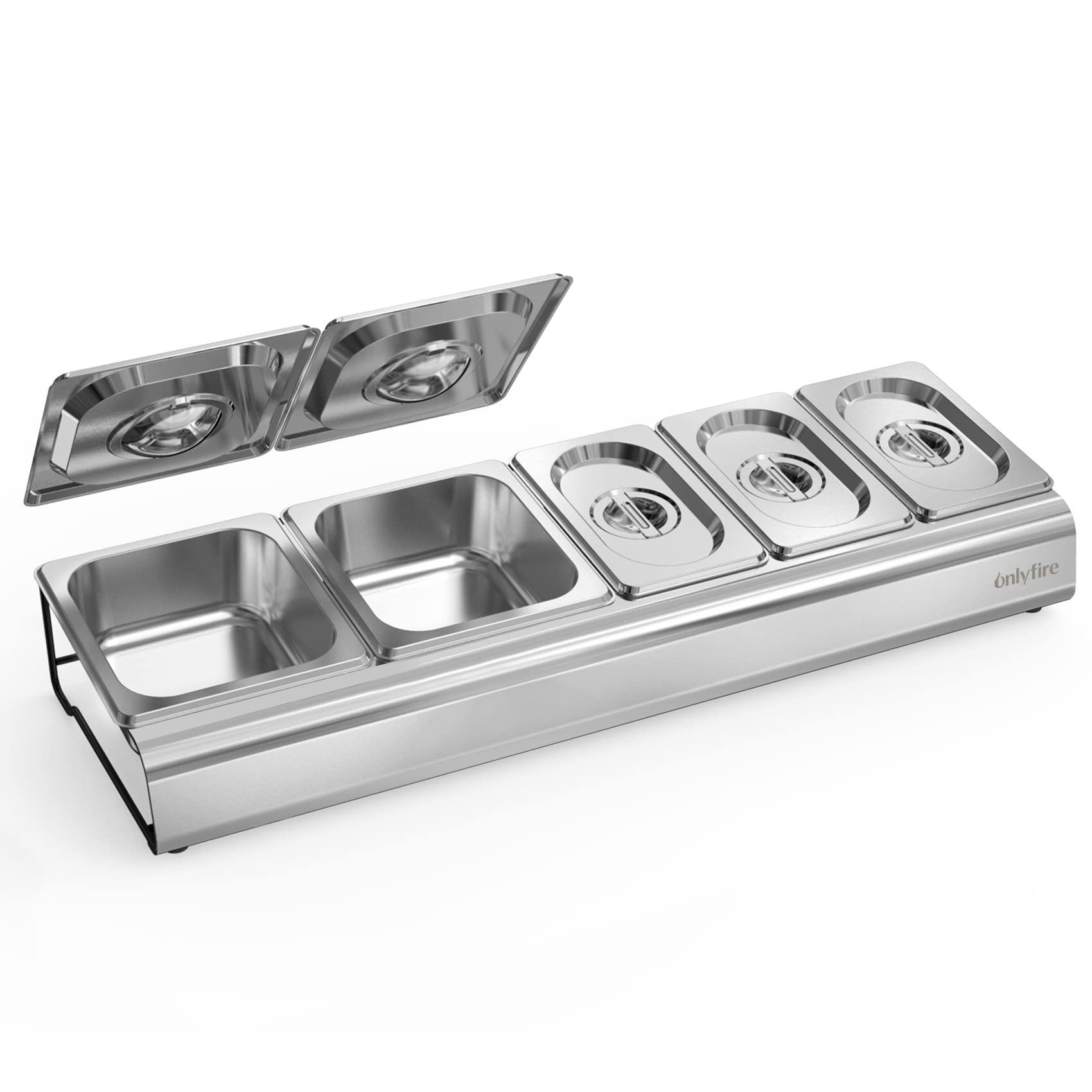 Onlyfire Pizza Topping Station Stainless Steel Seasoning Containers With Lid, 5 Compartment Trays For Prepping Ingredients And T