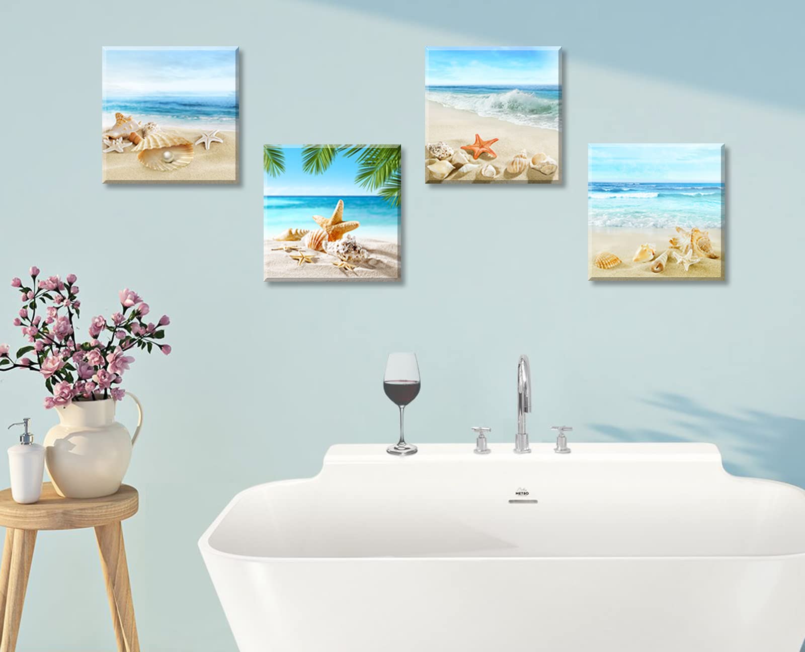 JiazuGo Beach Wall Art Bathroom Paintings Decor Seashell Starfish Nature Canvas Pictures Blue Ocean Theme Decorations Posters Contemporary Nautical for Bedroom