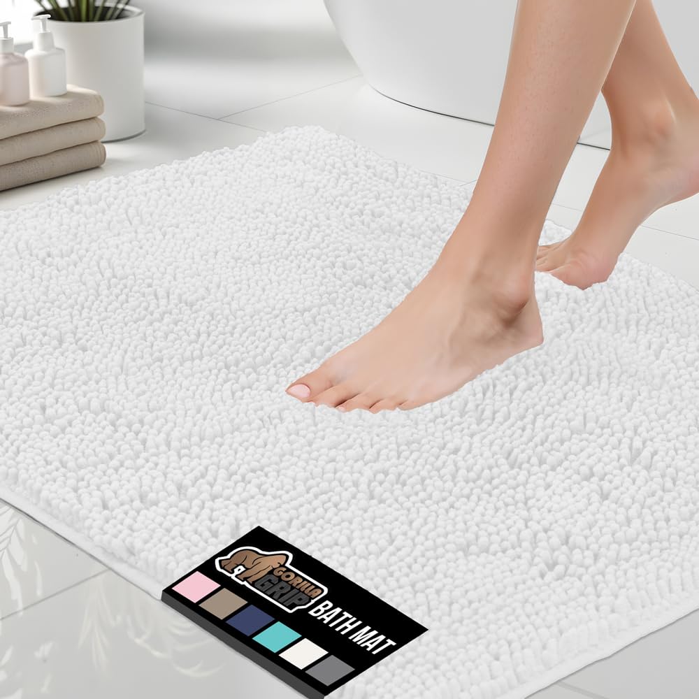 Gorilla Grip Bath Rug 44x26  Thick Soft Absorbent Chenille  Rubber Backing Quick Dry Microfiber Mats  Machine Washable Rugs for Shower Floor  Bathroom Runner Bathmat Accessories Decor  White