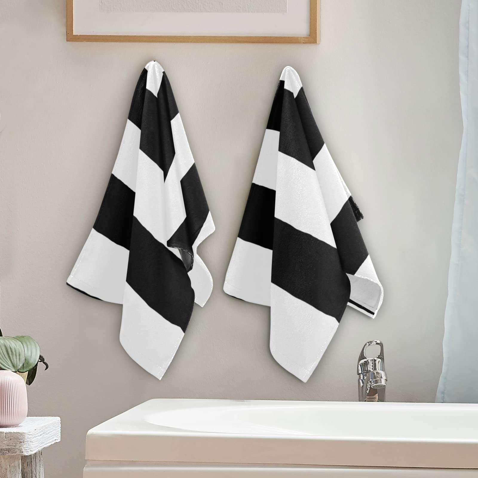 Black White Stripe Face Towel Set Of 2, Hand Towel Dish Towels Beach Towels Bath Kitchen Decor Set, 30X15