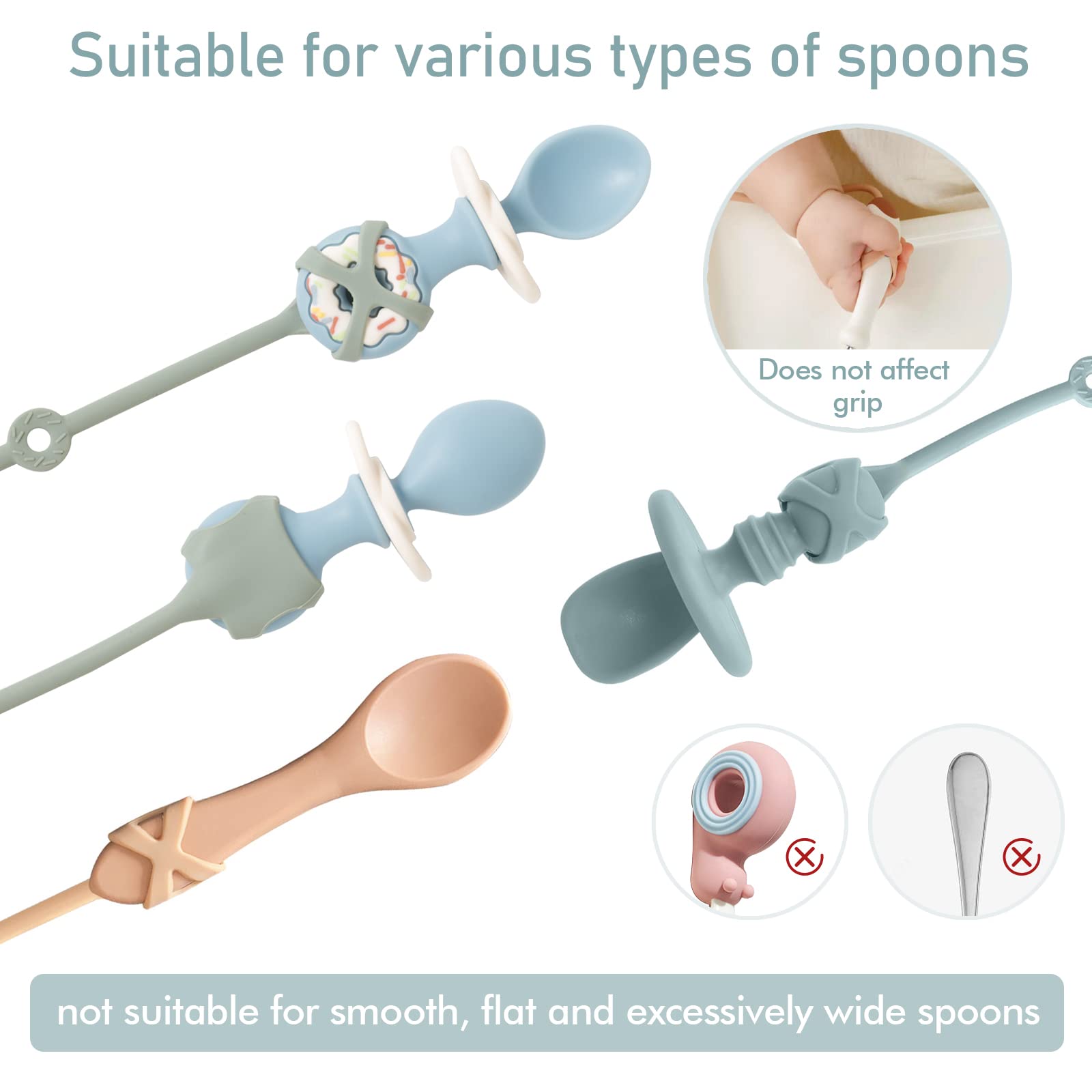 Baby Spoons Self Feeding 6 Month,Toddler Utensils Holder Strap Food Grade Silicone Keep Fork and Spoon Off The Floor Great for K