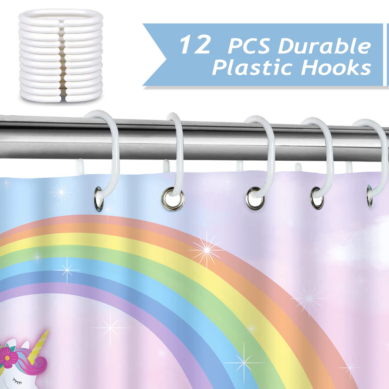Bonhause Unicorn Shower Curtain for Kids Girls Rainbow Pink Purple Decorative Bath Curtain 72 x 72 Inch Polyester Fabric Waterproof Bathroom Curtain with 12 Hooks