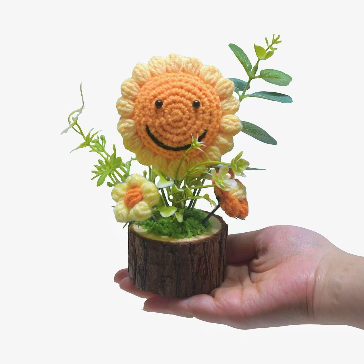 Tileafry Handmade Crochet Sunflowers Flowers Bouquet Creative Knitted Potted Plant Cute Home Desktop Decorations and Gifts for F