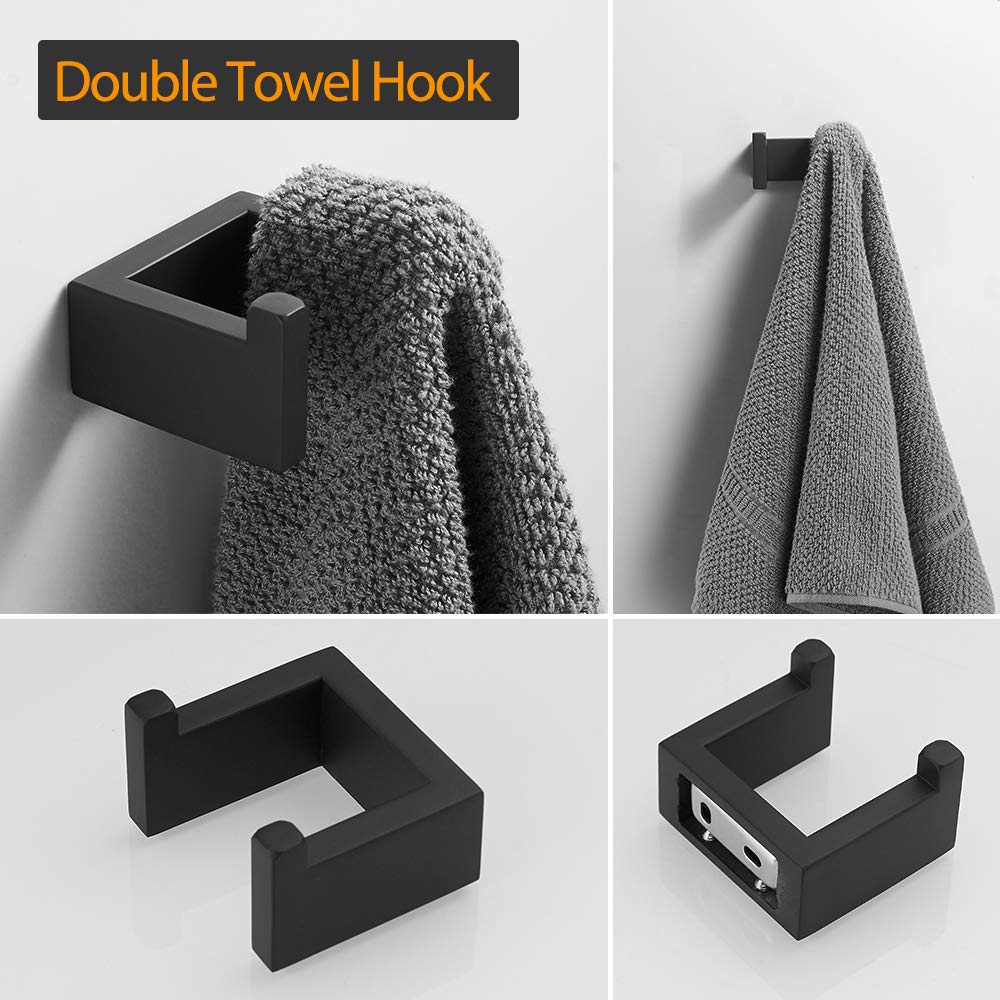 BESy 4 Piece Bathroom Accessories Set (23.6'' Towel Bar  Hand Towel Holder Towel Rack  Toilet Paper Holder  Double Towel Hooks)  Wall Mounted Bath Hardware Fixtures Set  Stainless Steel/Matte Black