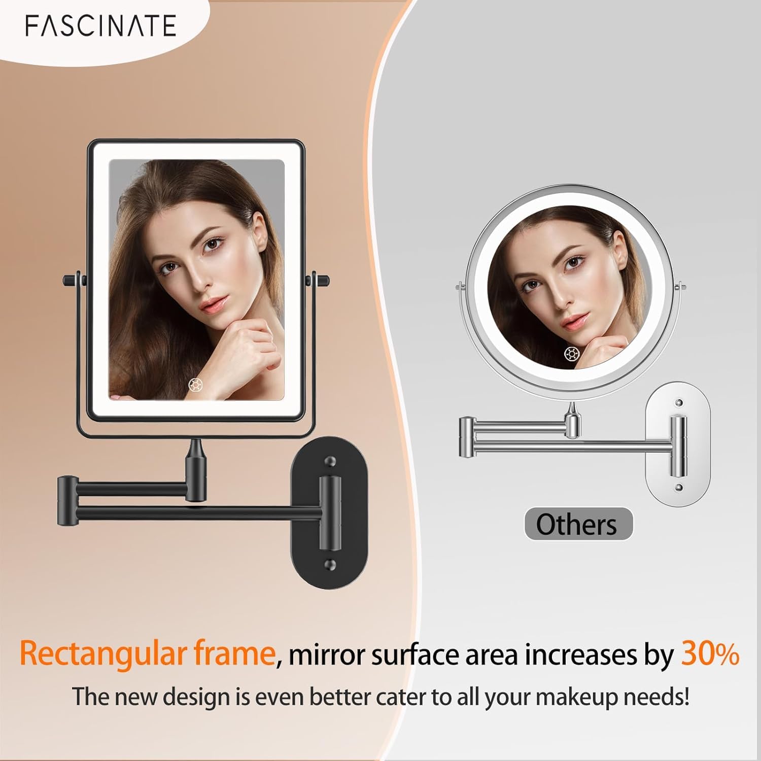 FASCINATE 5000mAh Rechargeable Wall Mounted Makeup Mirror, 8.7  Double Sided Touch Switch 1X 30X Rectangle Magnifying Mirror wit