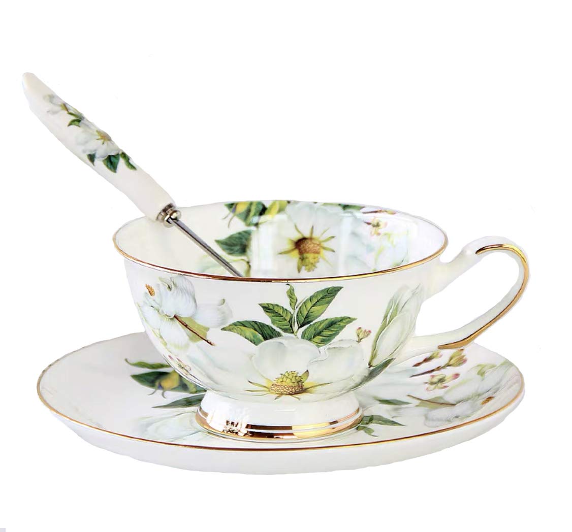 Gift Set Vintage Fine Bone China Tea Cup Spoon And Saucer Set Gold Trim Fine Dining And Table D  Cor (White Camellia)