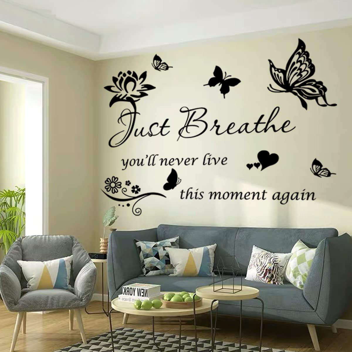 Wall Sticker Inspiring Positive Quotes Just Breath Wall Decals Quotes Inspirational Wall Art Stickers Encouragement Gifts for Women Girls Bedroom Living Room Wall Decor Home Decoration.
