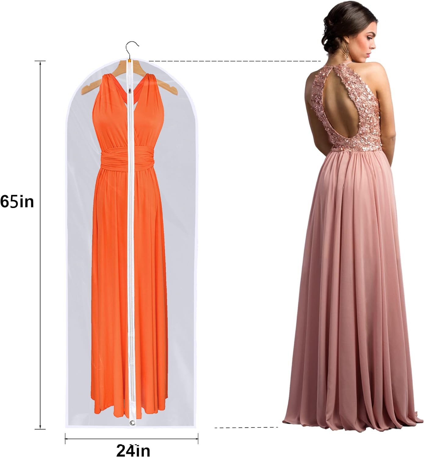 Dress Bags For Gowns Long - Foldable, 65'' Clear Garment Bags For Closet Storage And Travel 24''X65''/ 2 Pack