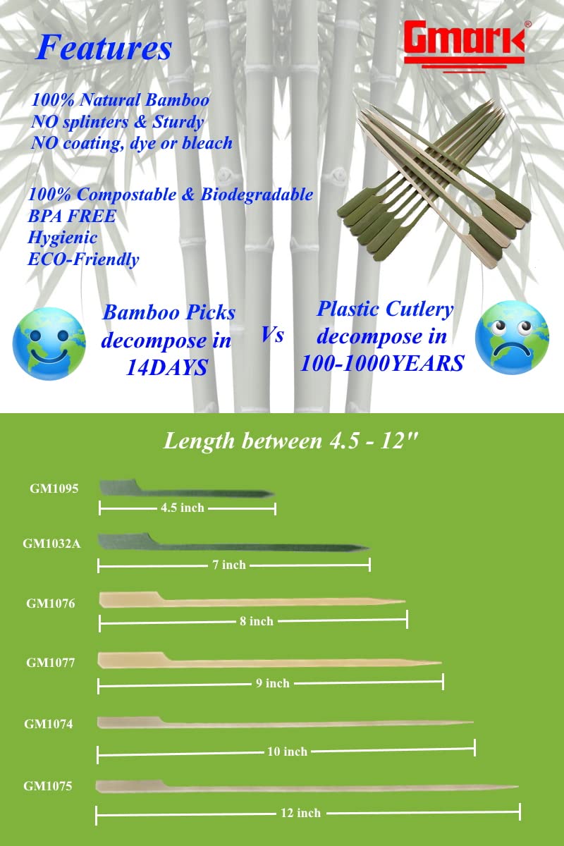 Gmark 7'' Bamboo Paddle Skewers 100 Ct, Natural Bamboo Paddle Picks, Bbq Picks Gm1032A