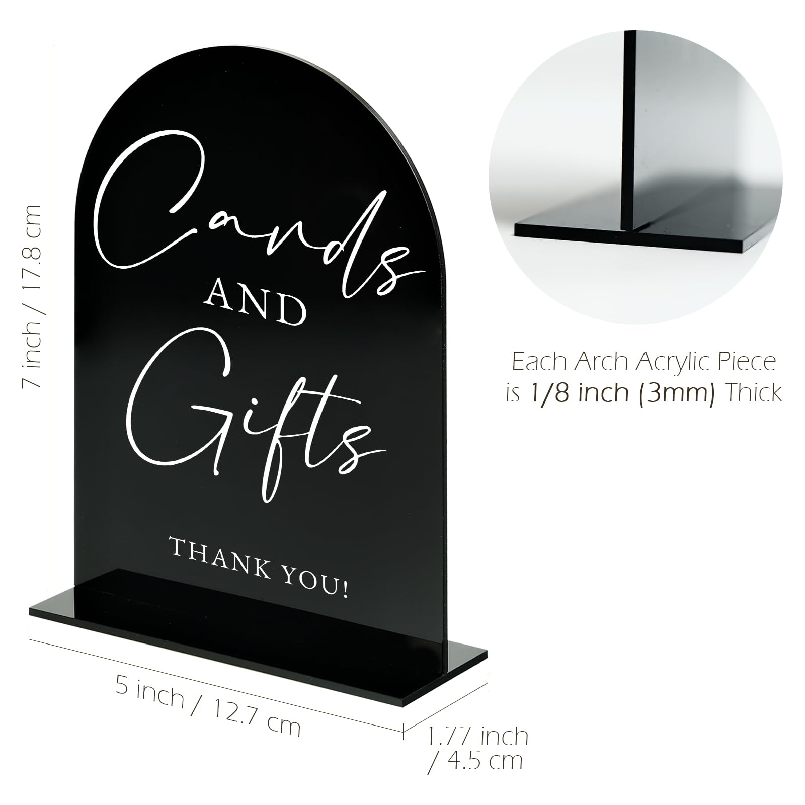 Set of 2 Black Acrylic Wedding Signs for Reception, 5x7 Black Arched Acrylic Table Sign and Base | Cards and Gifts | Guest Book