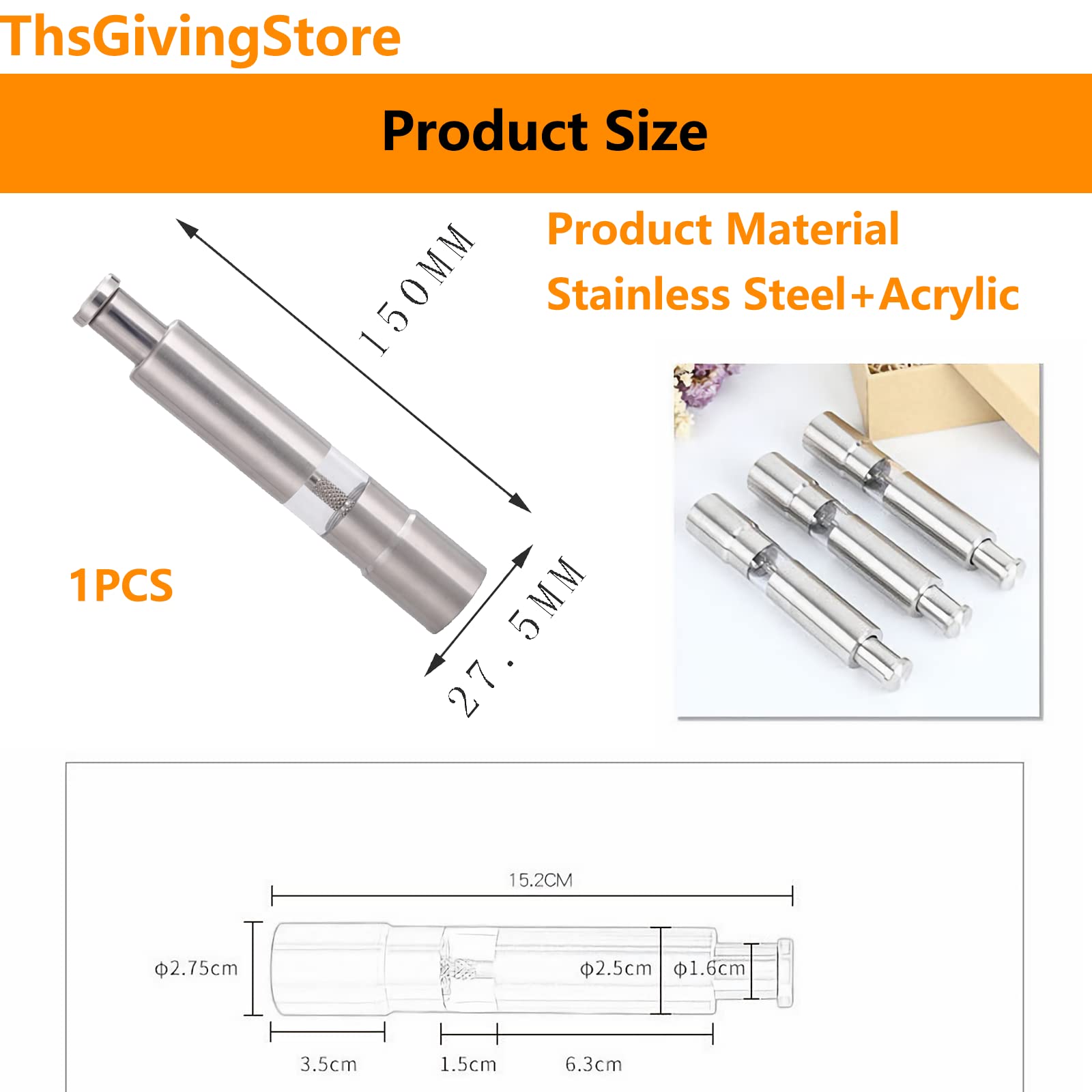Thumb Pepper Grinder, Push Button Salt And Spices Pepper Fine Mill, One Hand Pepper Stainless Steel Grinder For Grains, Spices,