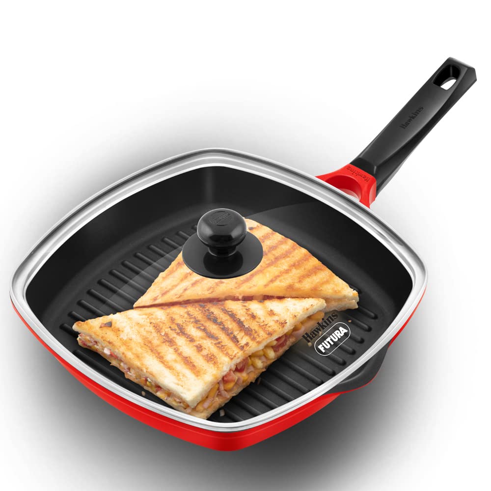 HAWKINS 30 cm Die Cast Grill Pan with Glass Lid, Red (DCGP30G)