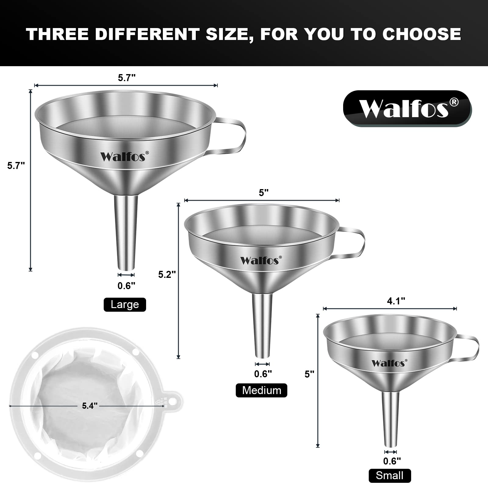 Walfos 3Pcs Kitchen Funnel with 2 Removable Strainer & 1 Cleaning Brush & 1Pc 200 Mesh Food Filter Strainer  Food Grade Stainless Steel Funnel for Transferring of Liquid  Oils  Jam  Dry Ingredients