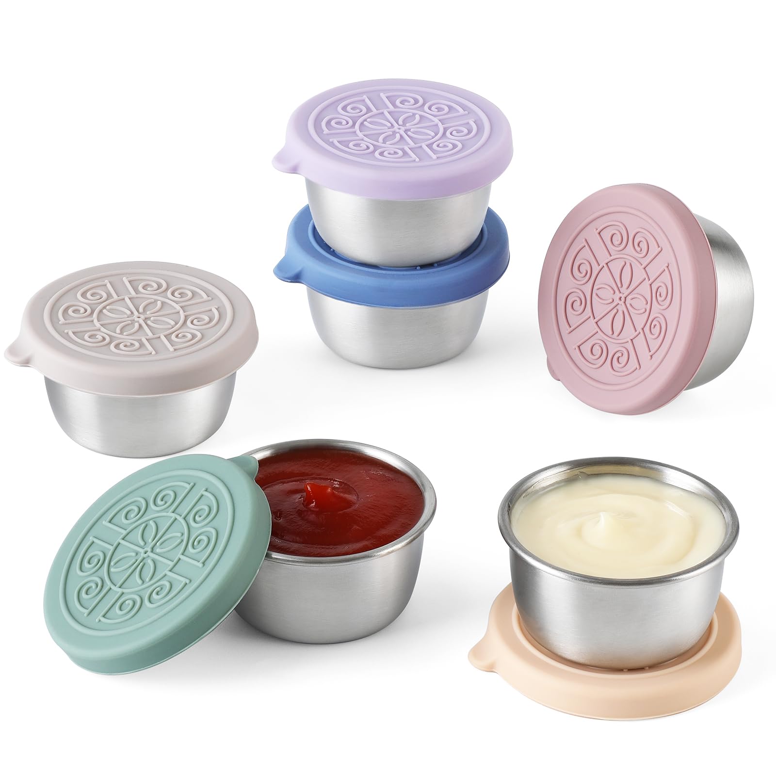 [6 Pack] Salad Dressing To Go Containers, 1.6 Oz Small Stainless Steel Sauce Cups With Leakproof Silicone Lids, For Lunch Boxes,