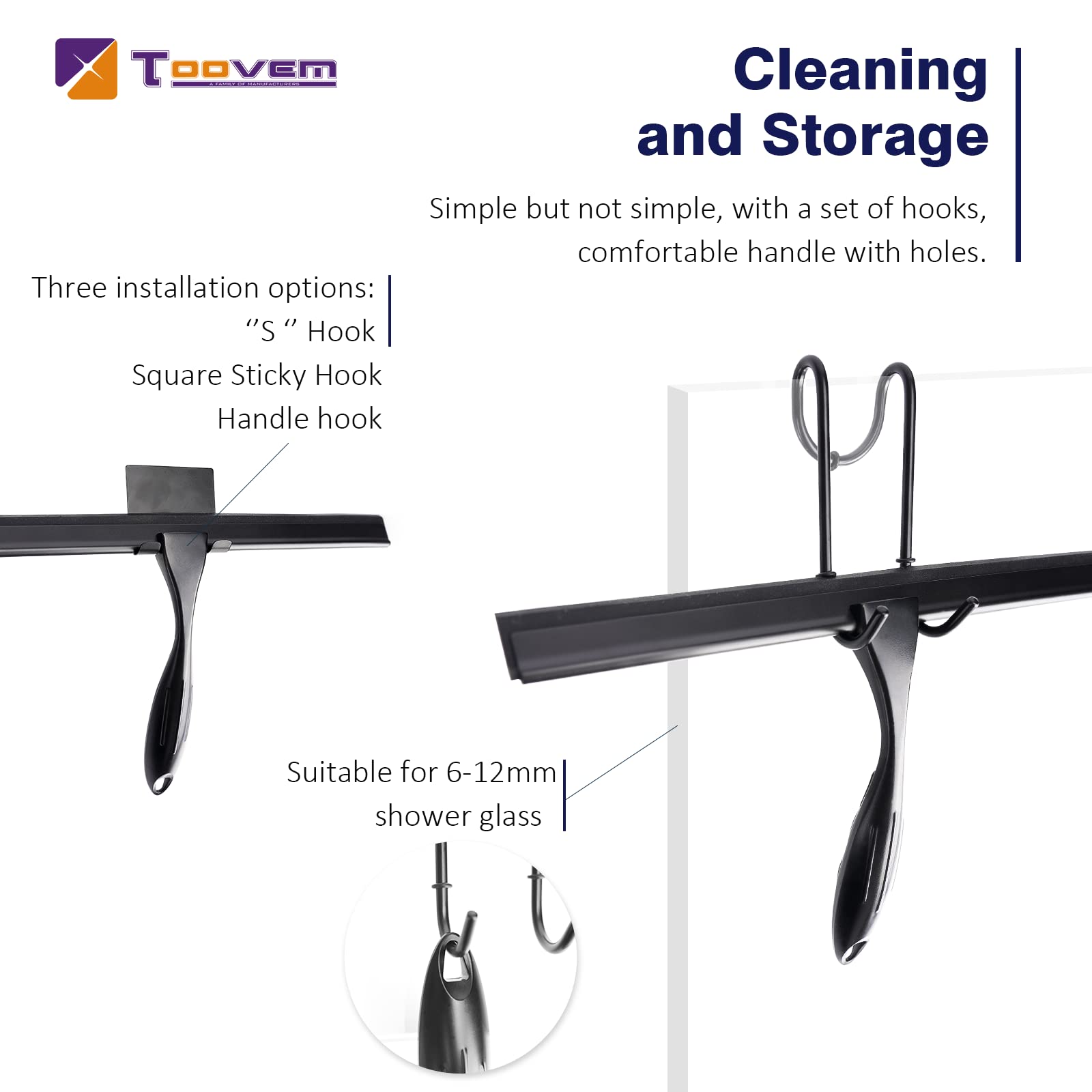 12'' Shower Squeegee, Toovem Squeegee For Shower Glass Door For Glass Doors, Windows, Bathroom, Car Windshield, Black