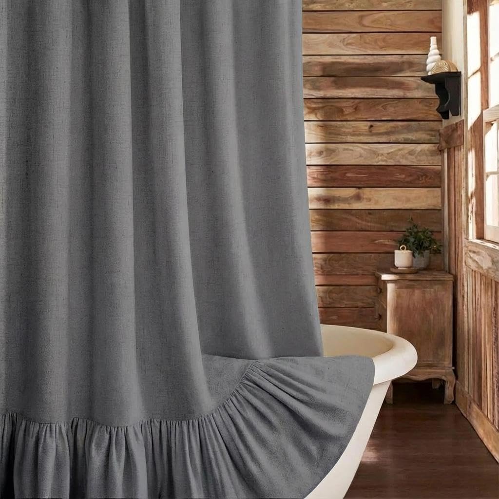 Xoguibo Farmhouse Shower Curtain With Ruffle Hem Linen Flax Dark Gray Shower Curtains For Bathroom Country Vintage Rustic Natura