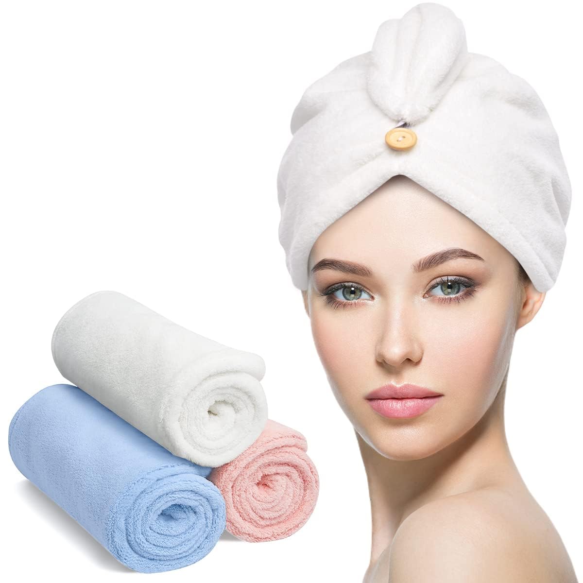 YFONG Microfiber Hair Towel 3 Pack, Hair Towel with Button, Super Absorbent Hair Towel Wrap for Curly Hair, Fast Drying Hair Tur