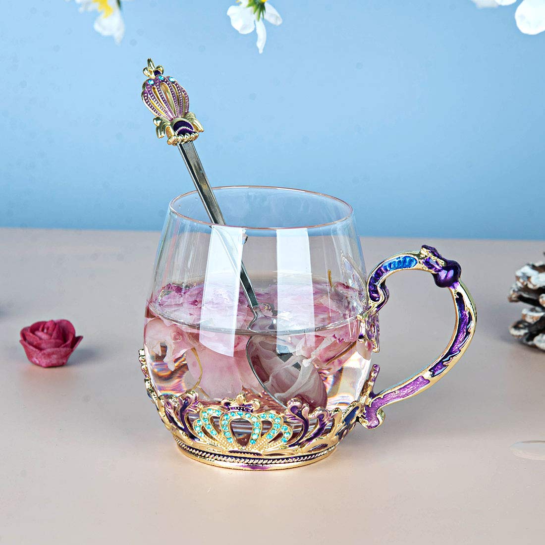 Swthony Glass Fancy Tea Cup Mug With Spoon European Style Carved Flower Coffee Mugs Set Birthday Gift For Women Wife Mom Grandma