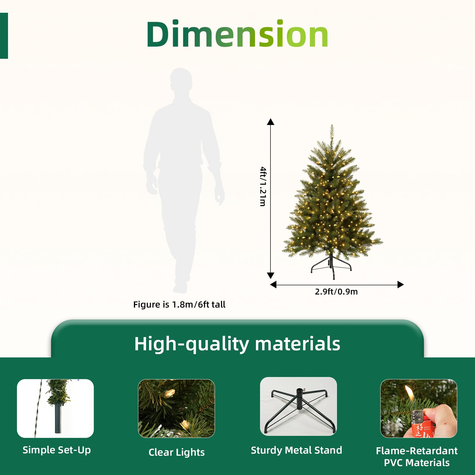 Aovotreena 4FT Pre-Lit Artificial Christmas Tree,Small Artificial Holiday Dunhill Fir Xmas Tree with 200 White Lights, 559 PVC B
