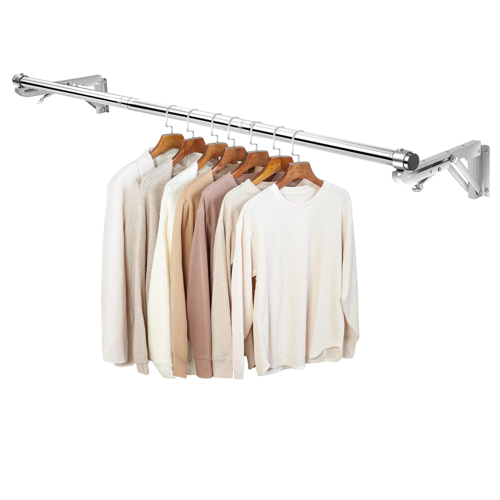Foldable Wall Mounted Clothes Rack-44'' Long Rod&2 Bases,Stainless Steel, Heavy Duty,Detachable,Multi-Purpose For Space-Saving G