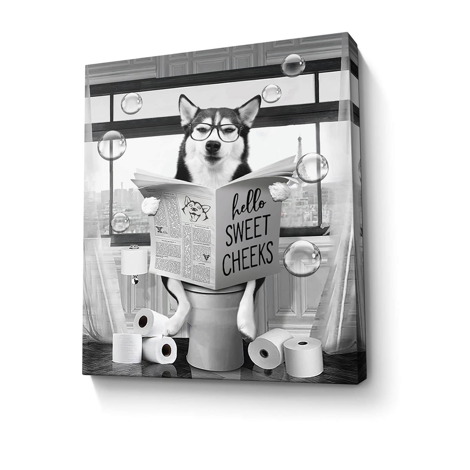 Funny Husky Dog Wall Art Black And White Dog Bathroom Print Farmhouse Bathroom Animals Wall Decor Dog Sitting In Toilet Reading