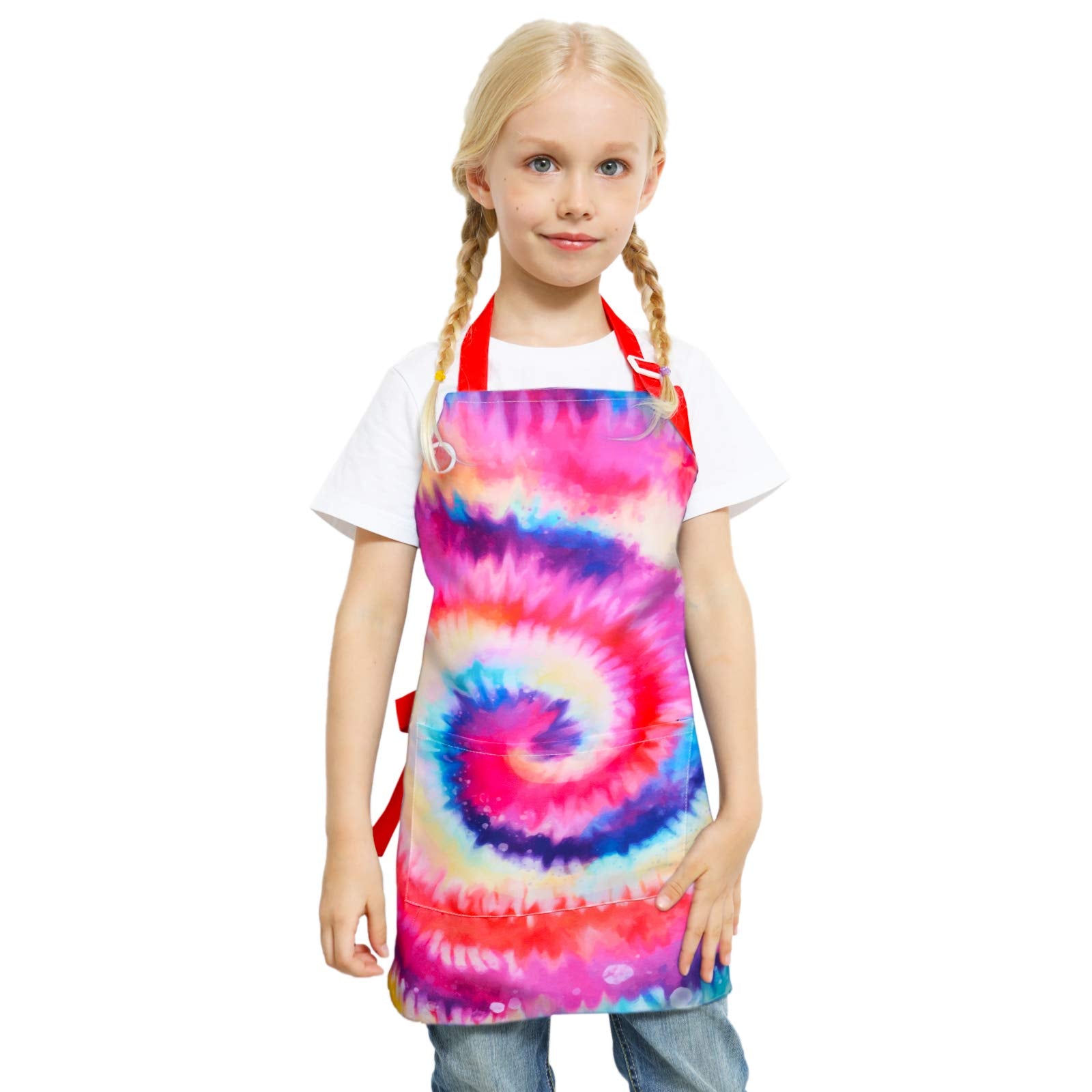 Kid Girls Boys Apron, Adjustable Kitchen Cooking Chef Apron With Pocket For Cooking Baking Art Painting Gardening,Tie Dye, 6-12Y