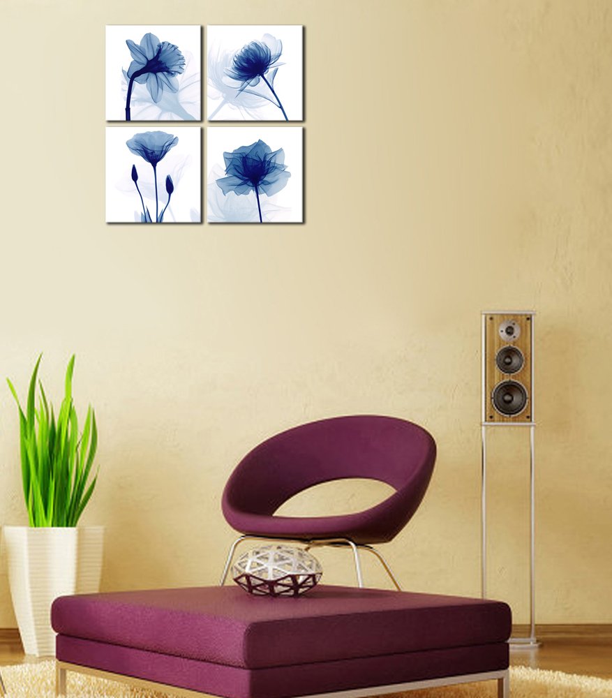 Pyradecor Blue Flickering Flower Modern Abstract Paintings Canvas Wall Art Gallery Wrapped Grace Floral Pictures On Canvas Print